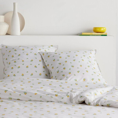 Bedding Set - 140 x 200 cm - White Floral Printed Cotton with Lemon Pattern - TODAY SUNSHINE 1