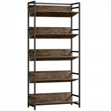 (Rustic Brown, Engineered Wood) 5-Tier Metal Bookshelf Room Divider - Rustic Brown