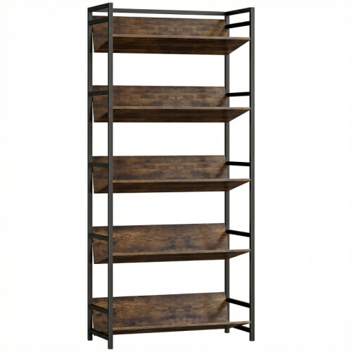 (Rustic Brown, Engineered Wood) 5-Tier Metal Bookshelf Room Divider - Rustic Brown