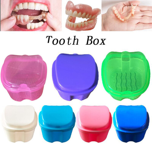 (Pink)Denture Bath Box Cases Dental False Teeth Storage With Hanging Net Container 2