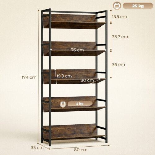 (Rustic Brown, Engineered Wood) 5-Tier Metal Bookshelf Room Divider - Rustic Brown 2