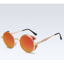 (GoldFrameRedMirror)Polarized Retro Steampunk Round Sunglasses Mirror Glasses Male Glasses Female