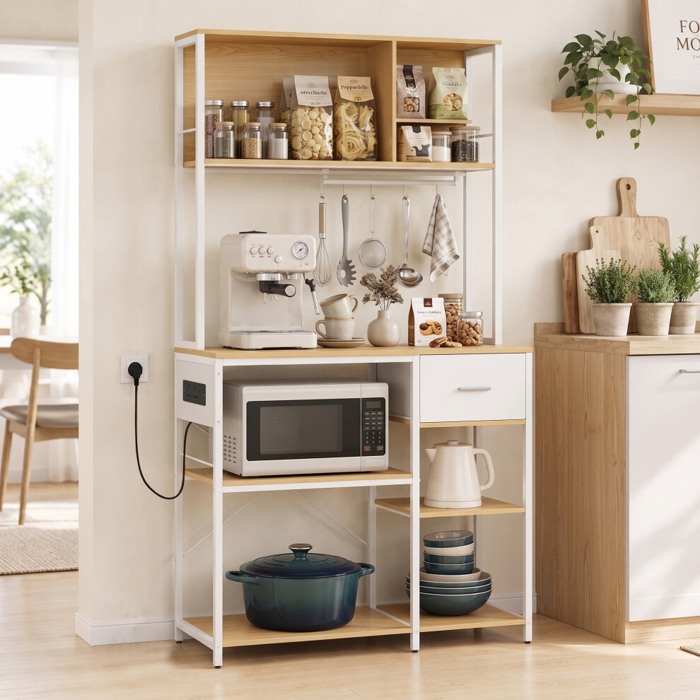 Homcom Kitchen Storage Rack With Power Outlet, Drawer, Oak And White