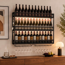 HOMCOM Wall-Mounted Wine Rack with LED Lights, Glass Holders, Black