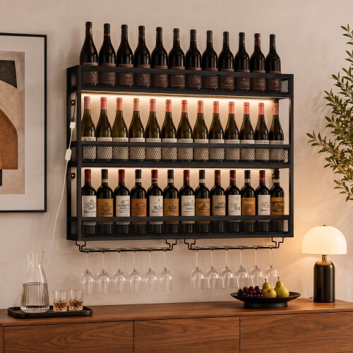 Homcom HOMCOM Wall-Mounted Wine Rack with LED Lights, Glass Holders, Black