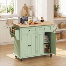 HOMCOM Rolling Kitchen Island Cart with Rubber Wood Top, Spices, Light Green