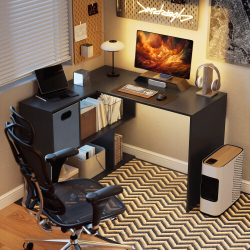 Homcom HOMCOM 110 cm L-Shaped Desk, Small Computer Desk with Fabric Drawer, Black 1