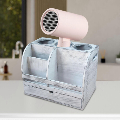 Supporto da parete in legno per asciugacapelli, organizer da bagno per accessori per capelli e cosmetici. 2