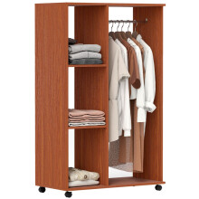 Open Wardrobe on Wheels, Bedroom Wardrobe with Clothes Hanging Rail, 3 Storage Shelves, Mobile Garment Rack for Cloakroom, Hallway, Walnut