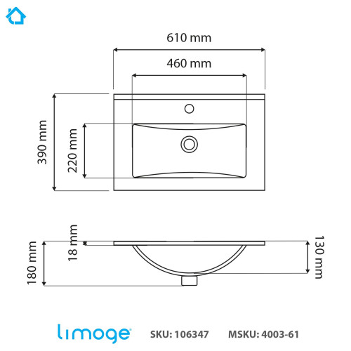 Limoge 4003-61 Ceramic 61cm Thin-Edge Inset Basin with Deep Scoop 2