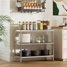 3-Tier Bakers Rack with Storage, Stainless Steel Microwave Stand with Adjustable Shelves for Small Spaces, Spices, Pots and Pans, Silver Tone