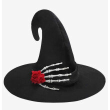 Damen Hexenhut Zaubererhut für Cosplay, Party, Halloween und Karneval, spitzer Kostümhut mit Skelett Hand, schwarz, leicht und bequem