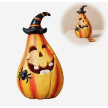 Halloween Pumpkin Resin Figurine with Glowing Effect and Wizard Hat for Mantel Decor