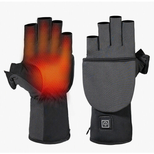 USB Heated Fingerless Gloves for Men, Double Sided Heating, Foldable with Finger Cots, Rechargeable Work Gloves