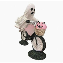 Estatua de bicicleta con fantasma y calabaza de Halloween, decoración temática para interior y exterior, estilo artesanal, color naranja y blanco