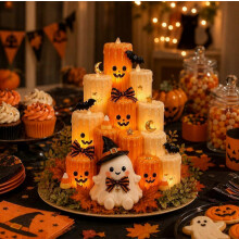 Halloween-LED-Kerzen ohne Flamme, batteriebetrieben, mit 3D-Flackereffekt und Echtwachseffekt, Geister- und Kürbisdeko für Halloween-Party und Gesch