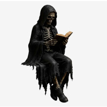 Statuetta decorativa gotica in resina, figura di mietitore seduto che legge un libro, dipinta a mano, ornamento durevole per biblioteca e arredament