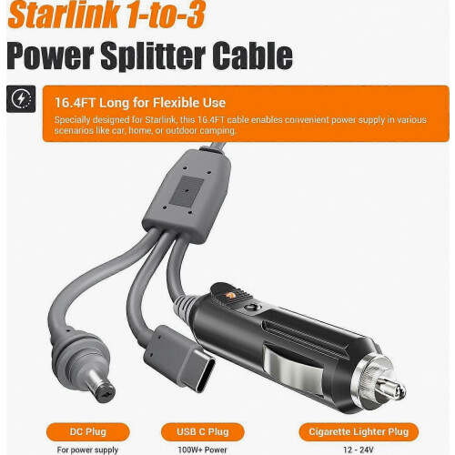 Καλώδιο τροφοδοσίας 3 σε 1 για Starlink Mini, ισχύς 100 W, USB-C, 12-24 V για αναπτήρα αυτοκινήτου 1