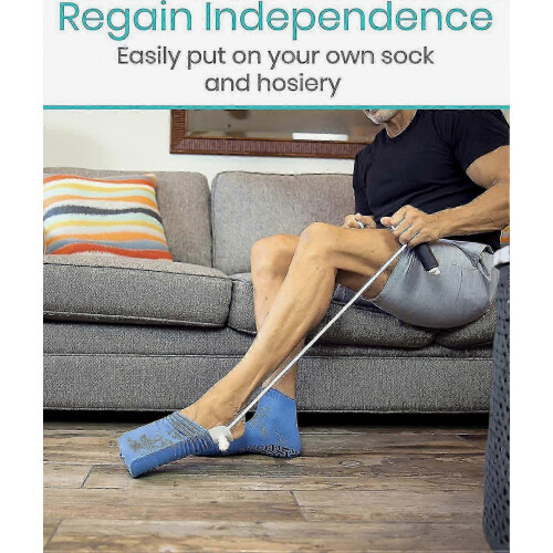 Sock Aid Assist Tool for Elderly and Disabled Users with Pull Strap Helper Feature, Blue Handle 1