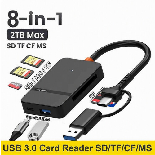 Lettore di schede USB 3.0 8 in 1 per SD, microSD, TF, CF e MS, adattatore multi-scheda per laptop e PC, compatto e veloce 1