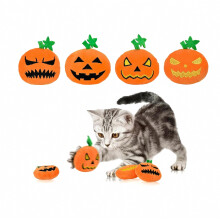 4 Piece Halloween Pumpkin Plush Cat Toys, Interactive Teething Toys with Embroidered Expressions, Cute Plush Toys for Kittens and Cats Pla