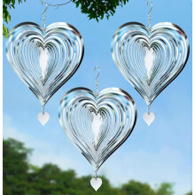 Hartvormige windspinner van roestvrij staal, 3 stuks, 33 cm, zilverkleurig, voor tuin en buiten, decoratieve hangende 3D-winddecoratie