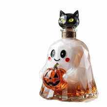 Clear Glass Ghost Decanter with Black Cat Stopper, Pumpkin Detail Wine Bottle, Halloween Themed Liquor Carafe, Bar Table Ornament for Home