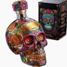 Sugar Skull Glass Decanter Bottle for Whiskey and Tequila, Bar Cart and Home Decor Display, Clear Glass, 750ml