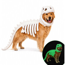 Disfraz de esqueleto de dinosaurio para perro y gato, suave y afelpado, atuendo de Halloween con capucha, ropa con huesos en 3D para perros y gatos