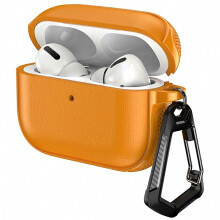 Compatibel met AirPods Pro 2, hoesje van TPU met leerstructuur, gesplitst ontwerp en metalen karabijnhaak, beschermhoes voor oordopjes