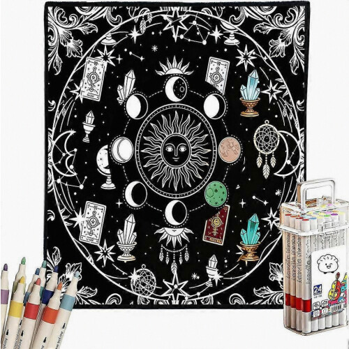 Cozy Doodle Coloring Blanket for Adults with Markers, Soft DIY Activity Throw for Creative Relaxation