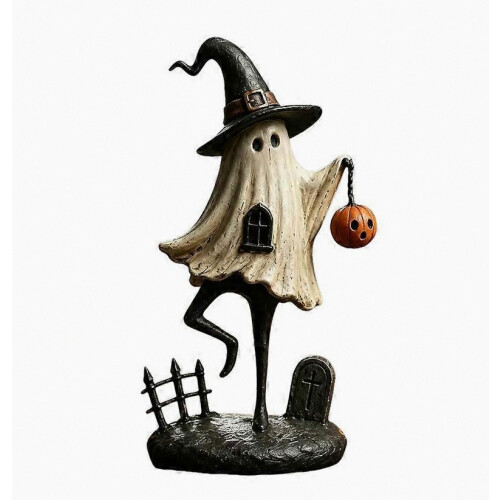 Witch Hat Figurine with Pumpkin Lantern Table Ornament, Retro Desktop Decor for Home Holiday Indoor Display