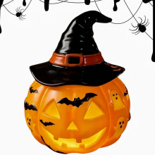Halloween-Kürbislaterne mit Hexenhut, 3D LED Nachtlicht aus Harz, Halloween-Dekoration für Schlafzimmer, Party und Regal, 13 x 13 x 15 cm