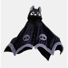 Halloween draagbare deken met capuchon, zachte vleermuiscape voor cosplay, unisex voor vrouwen en kinderen, comfortabel en warm, zwart katoenmix