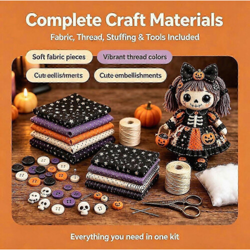 Skeleton Witch Doll Sewing Kit for Halloween, Patchwork DIY Craft Set for Adults and Teens, Beginner-Friendly Gothic Doll Making Handmade 1