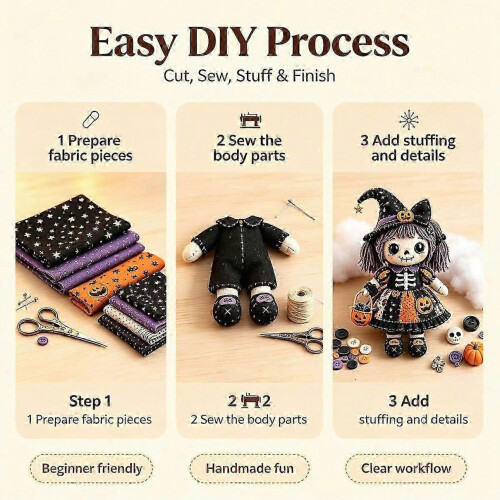 Skeleton Witch Doll Sewing Kit for Halloween, Patchwork DIY Craft Set for Adults and Teens, Beginner-Friendly Gothic Doll Making Handmade 2