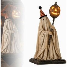 Lighted Vintage Ghost Figurine with Glowing Pumpkin Staff, Resin Lantern Sculpture for Mantel, Shelf, Entryway, and Tabletop Halloween Dec