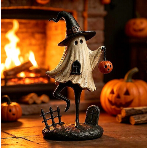 Witch Hat Figurine with Pumpkin Lantern Table Ornament, Retro Desktop Decor for Home Holiday Indoor Display 1