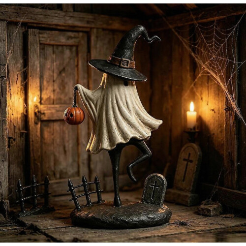 Witch Hat Figurine with Pumpkin Lantern Table Ornament, Retro Desktop Decor for Home Holiday Indoor Display 2