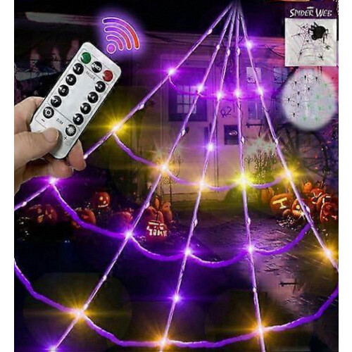 5 Ft Giant Spider Halloween Web, 20 x 17 ft Triangular Cobweb with 150 Purple LED Lights, Battery Operated, Waterproof, 200 Sq Ft Coverage