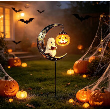 Halloweenin aurinkokäyttöinen puutarhakeppi valo, aave- ja kurpitsahahmo ulkokoristeluun kuun teemalla