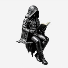 Sitting Skeleton Bookend Ornament Matte Black Decorative Book Support for Bookshelf Study Room Home Office
