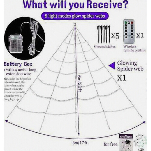 5 Ft Giant Spider Halloween Web, 20 x 17 ft Triangular Cobweb with 150 Purple LED Lights, Battery Operated, Waterproof, 200 Sq Ft Coverage 1