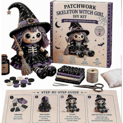 Skeleton Witch Doll Sewing Kit for Halloween, Patchwork DIY Craft Set for Adults and Teens, Beginner-Friendly Gothic Doll Making Handmade