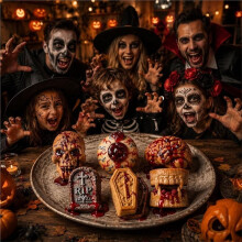 Skull Cake Pizza Pan 6 Spooky Shapes Halloween Silicone Baking Mold Skull Eyeball Fangs Tombstone Coffin Brain Cake Mold