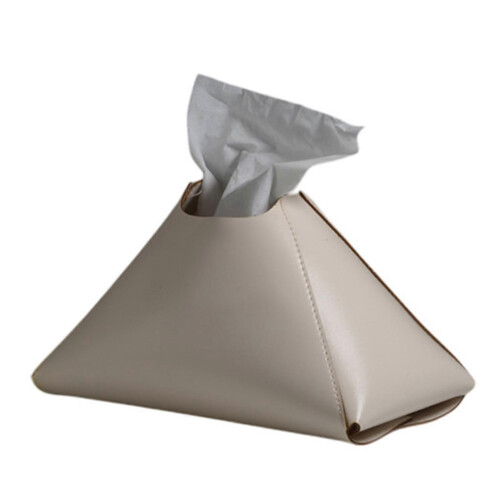 (Beige) Faux Leather Tissue Holder – Pyramid Design – for Tabletop Car Office