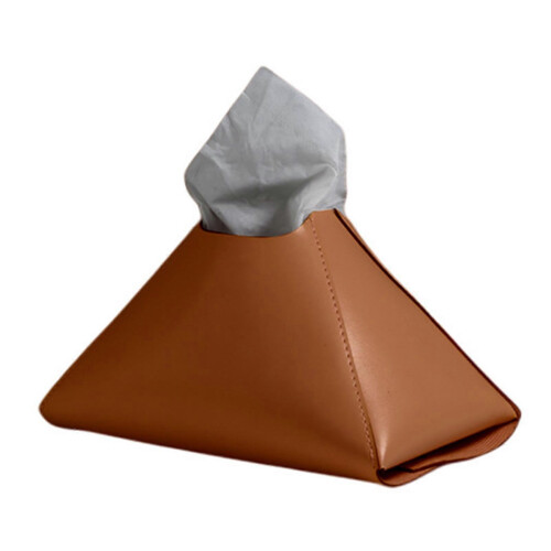 (Brown) Faux Leather Tissue Holder – Pyramid Design – for Tabletop Car Office