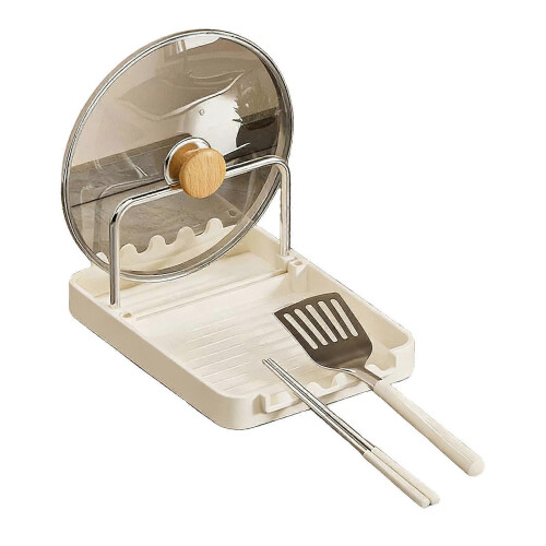 (Single Layer, Milky White) Pot Lid Storage Rack – with Drain Tray Spoon Rest – for Kitchen Counter