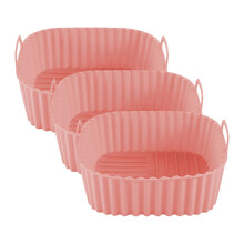 (3pcs, Pink) Silicone Air Fryer Pan – Non Stick with Handles – for Even Cooking