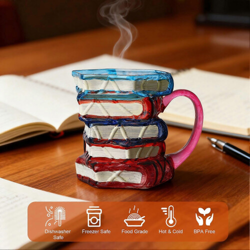3D Book Stacking Coffee Mug - 420ml Hand Drawn - for Book Lovers Teachers Librarians 1